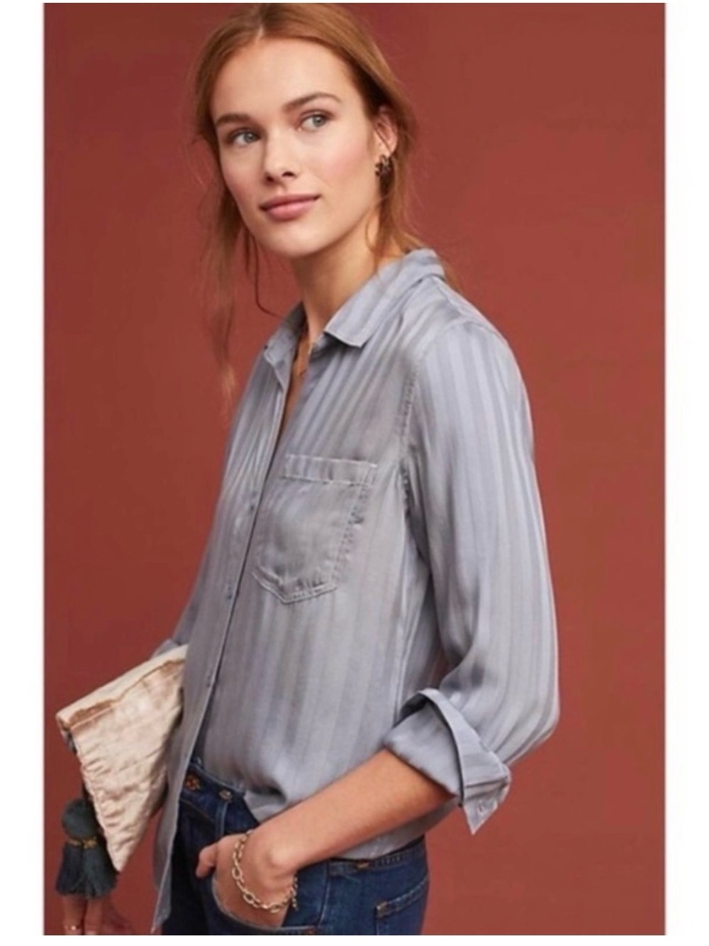 Anthropologie NWT Cloth & Stone Gray Tencel Striped Button Down Blouse Small